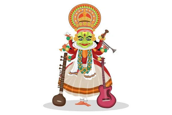 Vektorgrafische Illustration Kathakali Tänzerin Ist Mit Musikinstrumenten Individuell Auf Weißem — Stockvektor