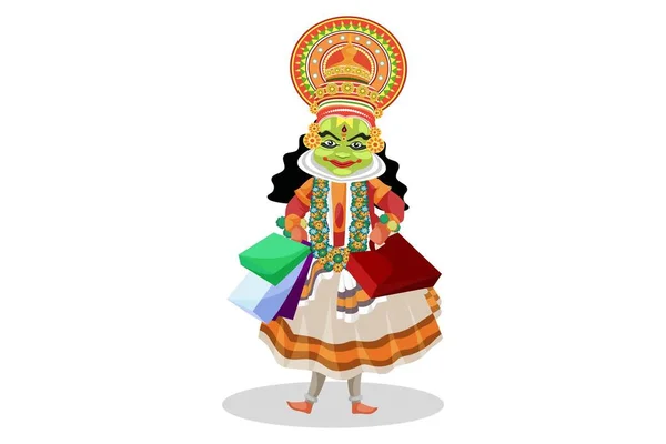 Vector Graphic Illustration Kathakali Dancer Holding Shopping Bags Hands Individually — Stock Vector