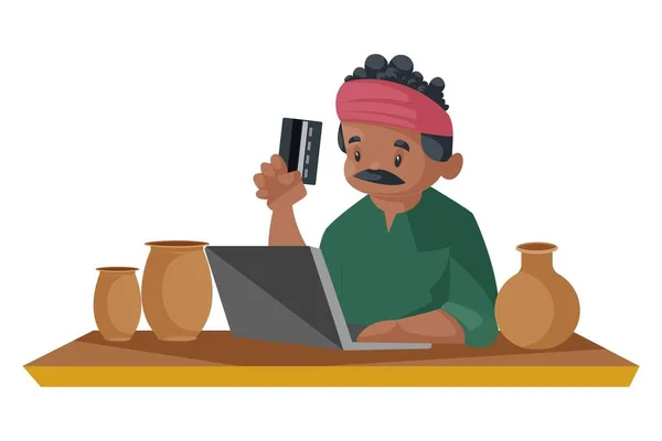 Vektor Grafikus Illusztráció Indiai Fazekas Egy Laptopon Dolgozik Egy Bankkártyát — Stock Vector