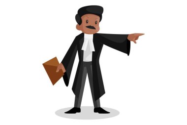 Vektör grafik çizimi. Hintli avukat elinde bir dosya tutuyor ve parmağını işaret ediyor. Tek tek beyaz arkaplanda.