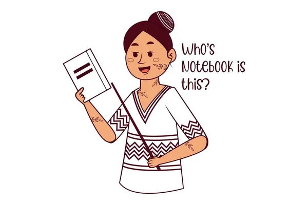 Vektorová Kreslená Ilustrace Učitelky Držící Knihu Držící Ruce Píšeš Zápisník — Stockový vektor