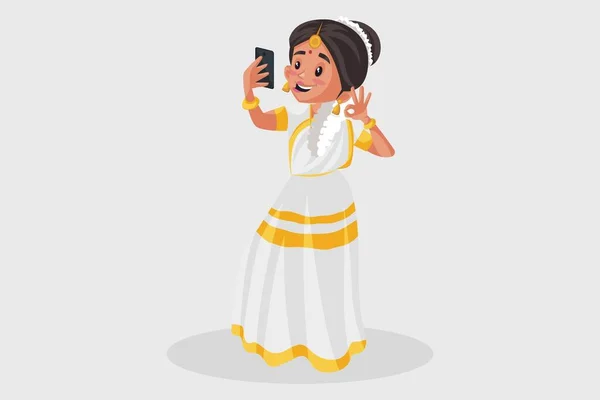 Векторная Графическая Иллюстрация Индийская Женщина Малайзии Делает Селфи Мобильном Телефоне — стоковый вектор