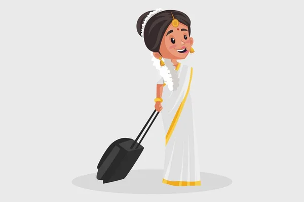 ベクトルグラフィックイラスト インドのマレーシア人女性がスーツケースを持っている 灰色の背景に個別に — ストックベクタ