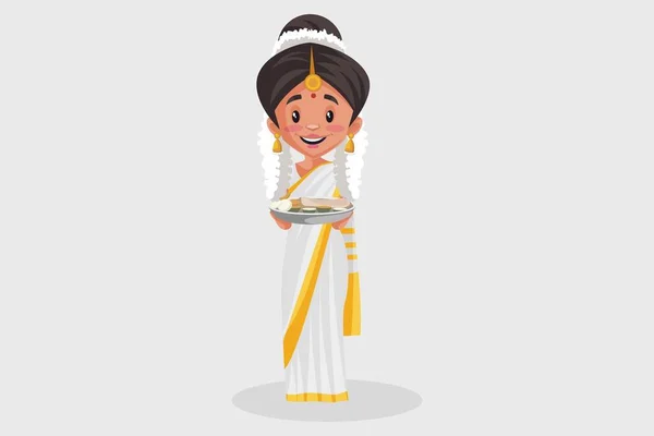 Векторная Графическая Иллюстрация Индийская Женщина Малайзии Держит Руках Тарелку Едой — стоковый вектор
