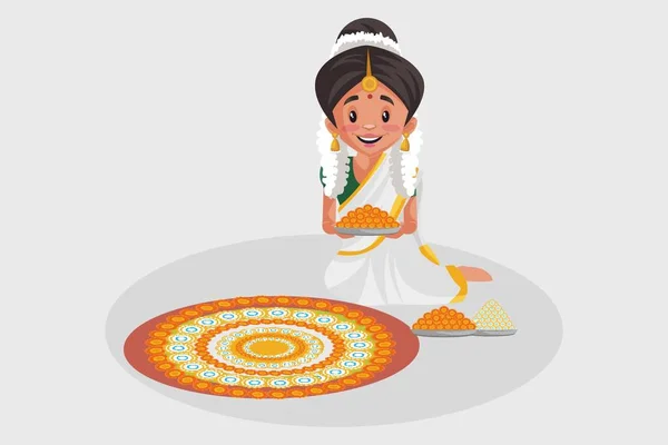 Illustration Vectorielle Femme Malaisienne Indienne Décore Sol Avec Des Fleurs — Image vectorielle