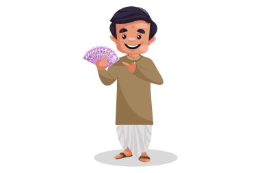 Vektör grafik çizimi. Hintli Bengalli adam elinde Hint Rupisi tutuyor. Beyaz arka planda tek başına.