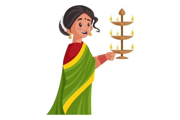 Ilustracja Graficzna Wektora Indyjska Marathi Trzyma Rękach Mosiężną Lampę Aarti — Wektor stockowy