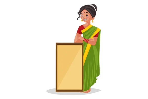 矢量图解 印度马拉地妇女手里拿着一块空木板 单独地在白色背景下 — 图库矢量图片