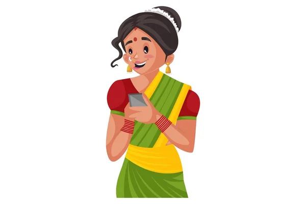 Vector Graphic Illustration Indian Marathi Woman Holding Mobile Phone Hand — Stock Vector