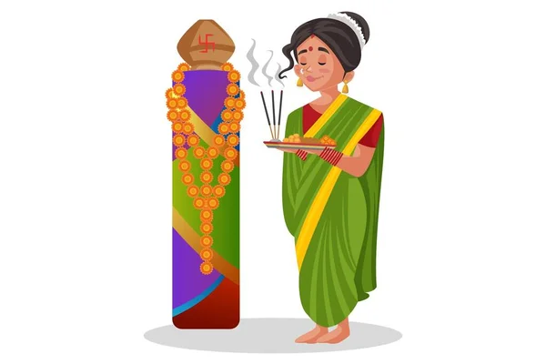 Векторная Графическая Иллюстрация Индийская Женщина Маратхи Держит Руках Поклоняется Индивидуально — стоковый вектор