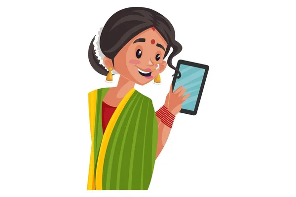 Векторная Графическая Иллюстрация Индийская Маратхи Держит Руках Мобильный Телефон Индивидуально — стоковый вектор