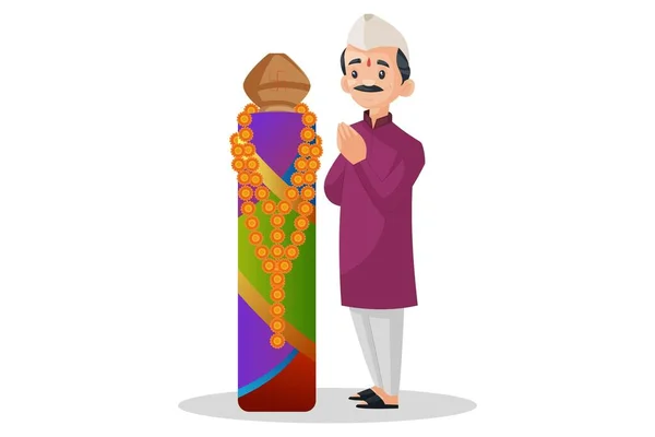Vektor Gambar Ilustrasi Orang Marathi India Melakukan Pemujaan Gudi Padwa - Stok Vektor