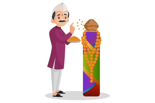 Διανυσματική Γραφική Απεικόνιση Ινδός Μαράθι Κρατάει Πιάτο Λουλούδια Στο Χέρι — Διανυσματικό Αρχείο