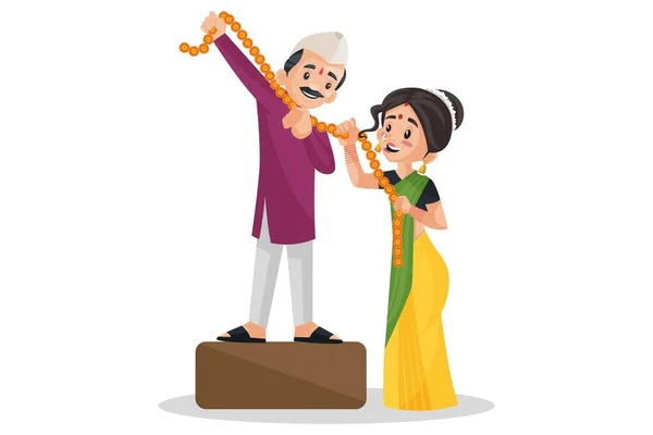Векторная Графическая Иллюстрация Индийская Пара Маратхи Держит Руках Гирлянду Цветами — стоковый вектор