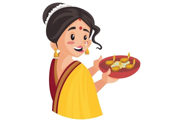 Векторная Графическая Иллюстрация Индийская Женщина Маратхи Держит Лампу Руке Индивидуально — стоковый вектор