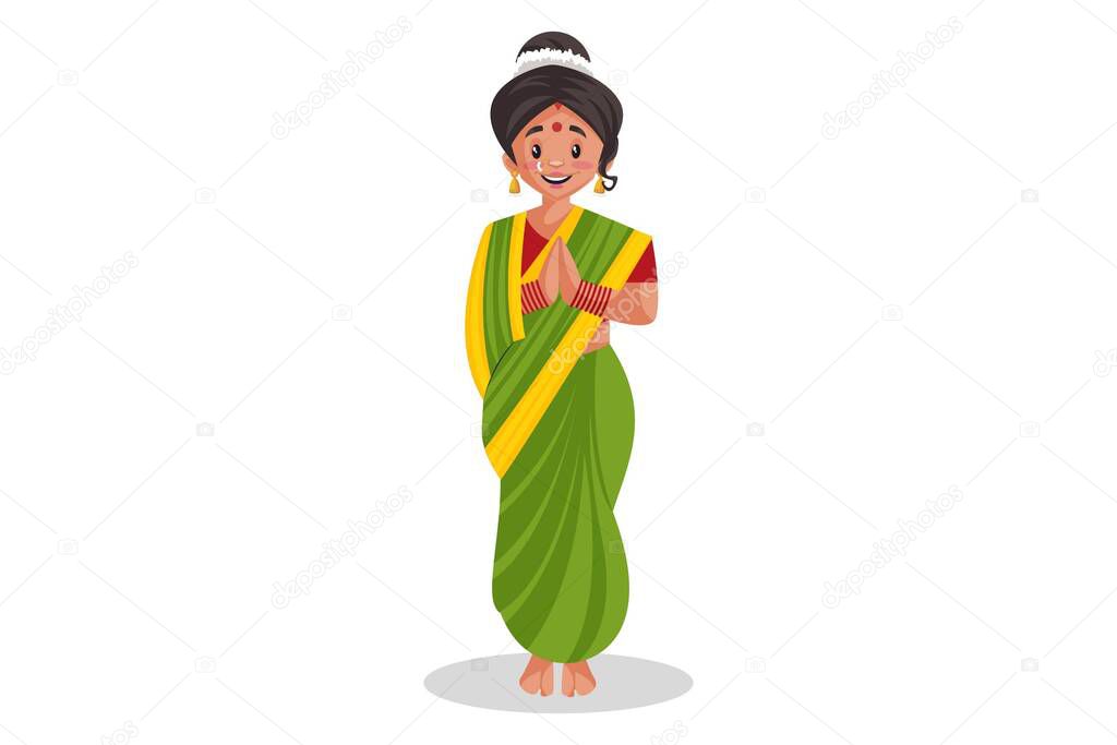 Vector graphic illustration. Indian Marathi woman is with greet. Individually on a white background.