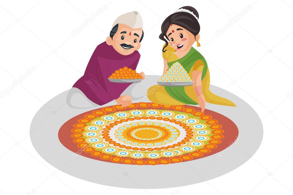 Vector graphic illustration. Indian Marathi couple is decorating the floor with flowers. Individually on a white background.