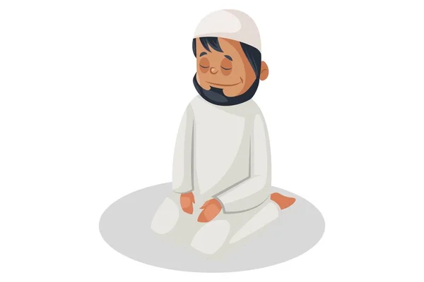 Векторная Графическая Иллюстрация Индийский Мусульманин Сидит Полу Молится Индивидуально Белом — стоковый вектор