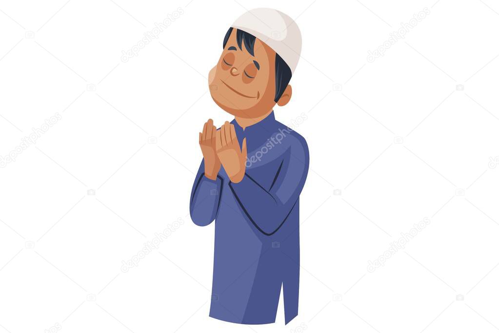 Vector graphic illustration. Indian Muslim man is standing and praying to God. Individually on white background.