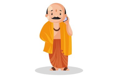 Vektör grafik çizimi. Hintli pandit cep telefonuyla konuşuyor. Tek tek beyaz arkaplanda.