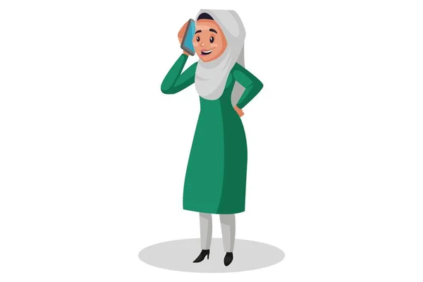 Ilustración Gráfica Vectorial Mujer Musulmana Está Hablando Por Teléfono Móvil — Vector de stock