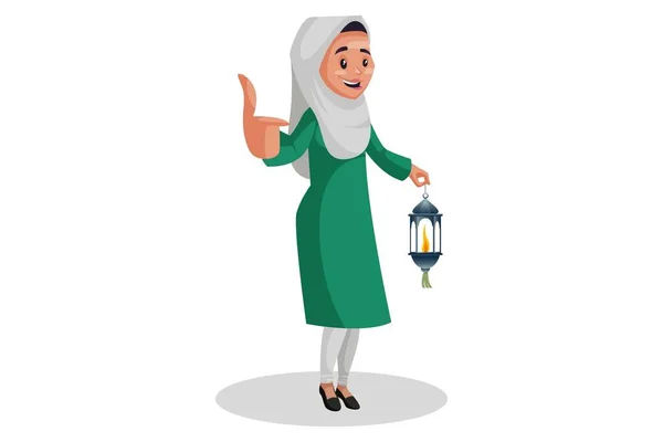 Ilustración Gráfica Vectorial Mujer Musulmana Sostiene Linterna Mano Muestra Los — Vector de stock