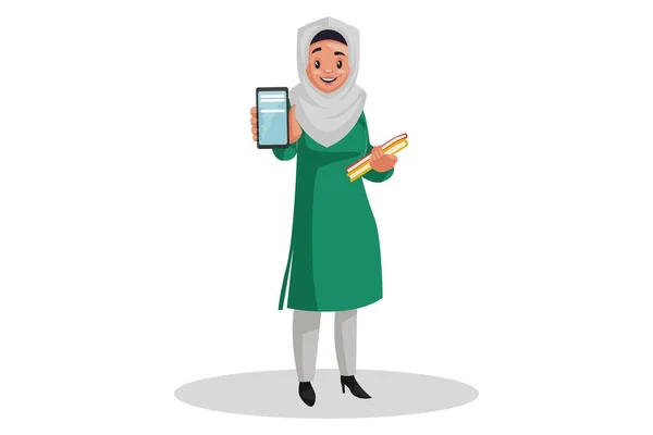 Ilustración Gráfica Vectorial Mujer Musulmana Sostiene Libros Mano Muestra Teléfono — Vector de stock