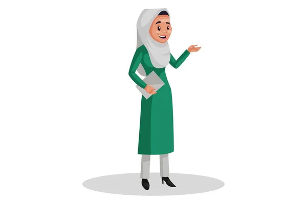 Ilustración Gráfica Vectorial Mujer Musulmana Está Pie Sosteniendo Papel Mano — Vector de stock