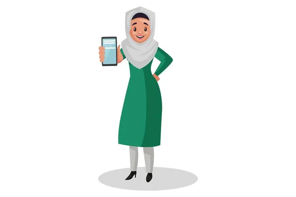 Ilustración Gráfica Vectorial Mujer Musulmana Está Mostrando Teléfono Móvil Individualmente — Vector de stock