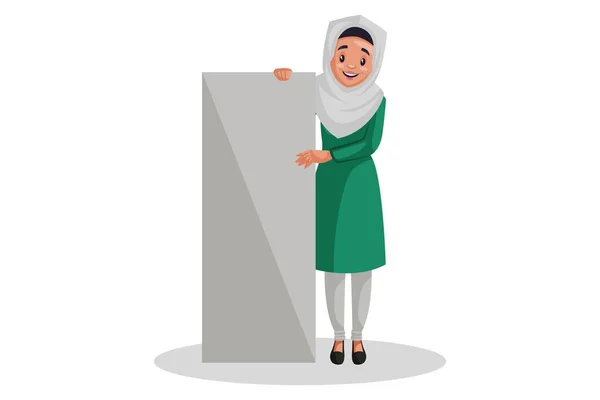 Ilustración Gráfica Vectorial Mujer Musulmana Sostiene Una Tabla Vacía Sus — Vector de stock