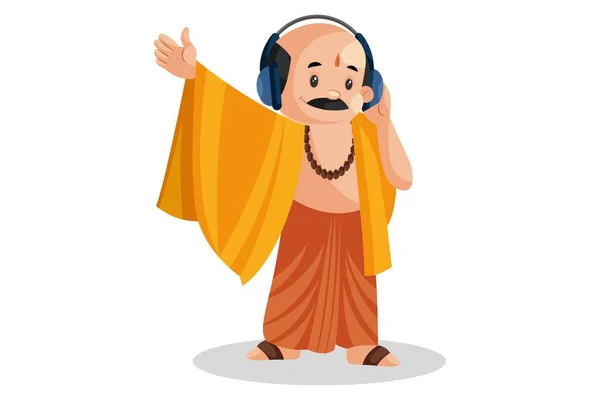 Vektorgrafische Illustration Der Indische Pandit Ist Glücklich Und Hört Musik — Stockvektor