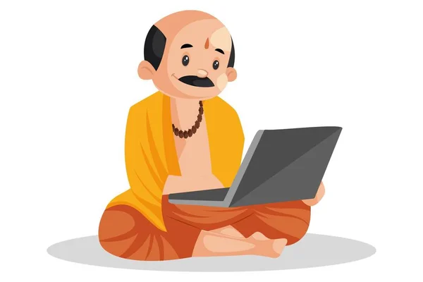Vektorgrafische Illustration Der Indische Pandit Arbeitet Einem Laptop Individuell Auf — Stockvektor