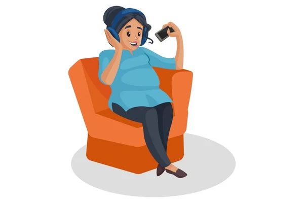 Vektorgrafische Illustration Schwangere Sitzt Mit Kopfhörern Auf Einem Sofa Und — Stockvektor