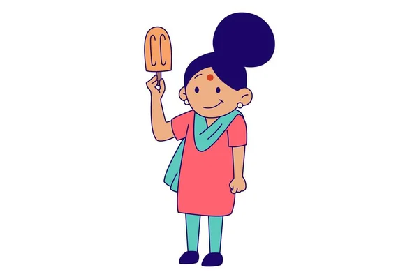 Векторная Карикатура Женщина Держит Мороженое Руке Изолированный Белом Фоне — стоковый вектор