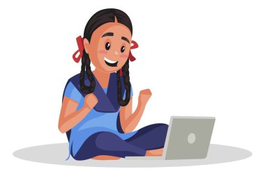 Vektör grafik çizimi. Liseli kız dizüstü bilgisayarda oyun oynuyor. Tek tek beyaz arkaplanda.
