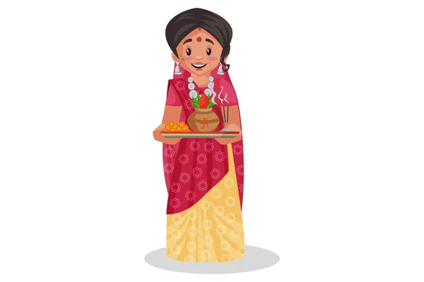 Vector Grafische Illustratie Rajasthani Vrouw Houdt Een Aanbiddingplaat Handen Individueel — Stockvector