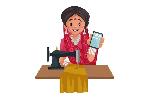 Векторная Графическая Иллюстрация Женщина Раджастхани Работает Над Сшивателем Показывает Мобильный — стоковый вектор
