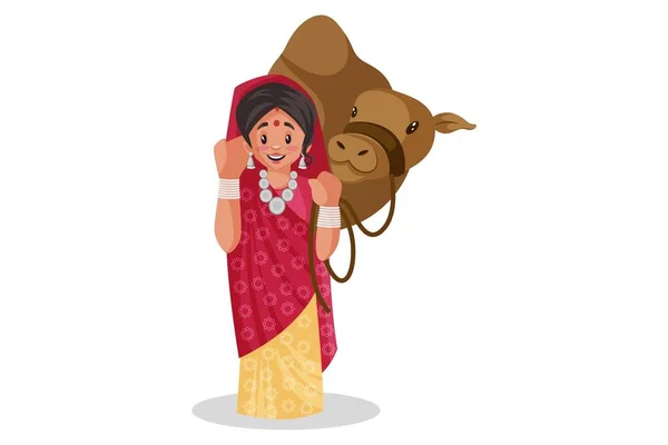 Διανυσματική Γραφική Απεικόνιση Rajasthani Γυναίκα Στέκεται Μια Καμήλα Μεμονωμένα Λευκό — Διανυσματικό Αρχείο