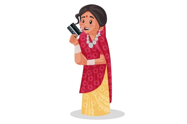 Vektor Gambar Ilustrasi Wanita Rajasthani Menunjukkan Kartu Atm Secara Individual - Stok Vektor