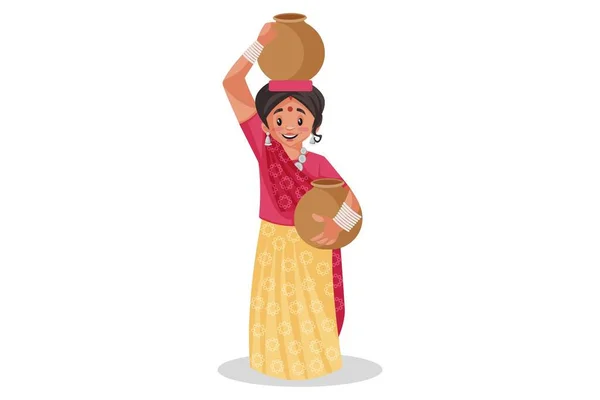 Векторная Графическая Иллюстрация Женщина Раджастхани Держит Глиняные Горшки Голове Руке — стоковый вектор