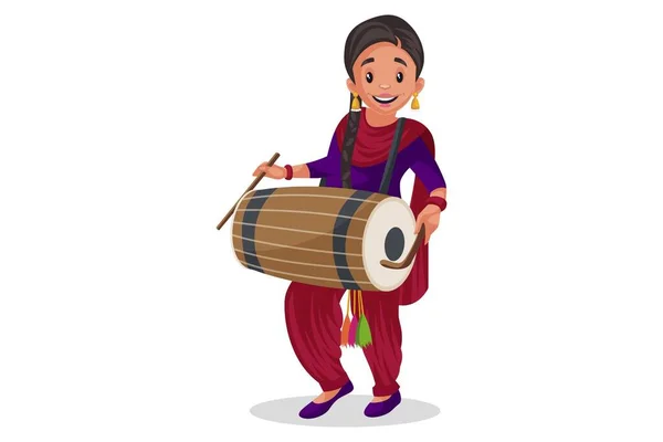 Ilustración Gráfica Vectorial Chica Punjabi Está Jugando Dhol Individualmente Sobre — Archivo Imágenes Vectoriales