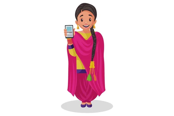 Vector Graphic Illustration Punjabi Girl Showing Mobile Phone Individually White — Stock Vector