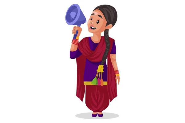 Ilustración Gráfica Vectorial Chica Punjabi Tiene Megáfono Mano Individualmente Sobre — Vector de stock