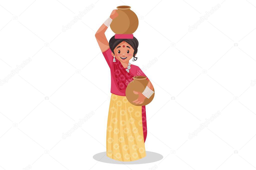 Vector graphic illustration. Rajasthani woman is holding clay pots on head and in hand. Individually on white background.