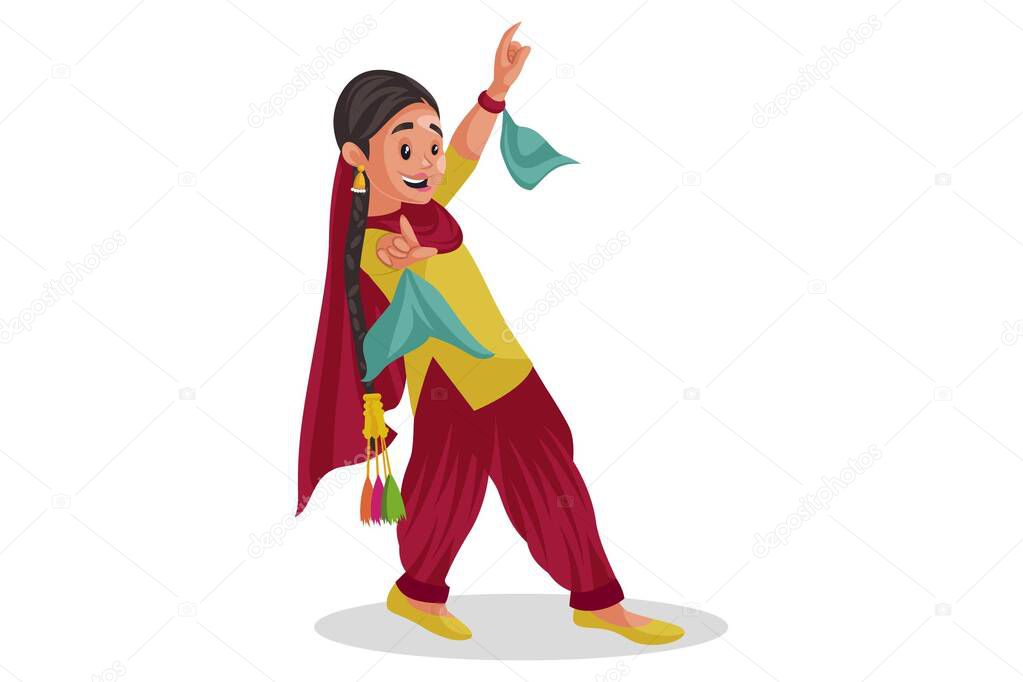 Vector graphic illustration. Punjabi girl is dancing. Individually on white background.
