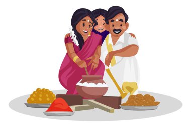 Vektör grafik çizimi. Tamil ailesi Pongal festivalinde yemek pişiriyor. Tek tek beyaz arkaplanda.