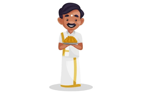Vektorgrafische Illustration Tamilischer Mann Hält Einen Teller Mit Süßigkeiten Den — Stockvektor