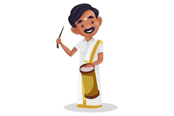 Векторная Графическая Иллюстрация Тамильский Человек Играет Барабане Индивидуально Белом Фоне — стоковый вектор