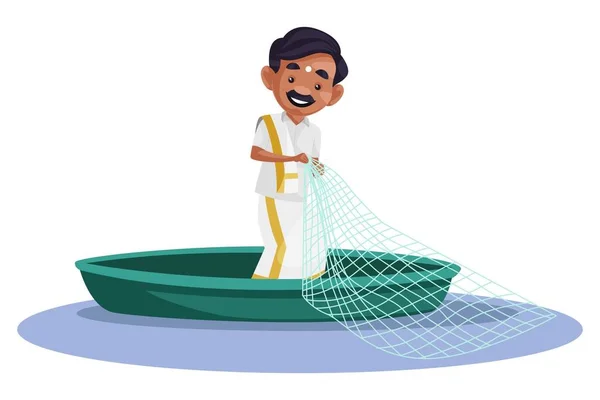 Vektor Gambar Ilustrasi Orang Tamil Berdiri Perahu Dan Memegang Jaring - Stok Vektor