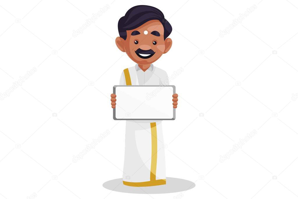 Vector graphic illustration. Tamil man is holding an empty board. Individually on white background.